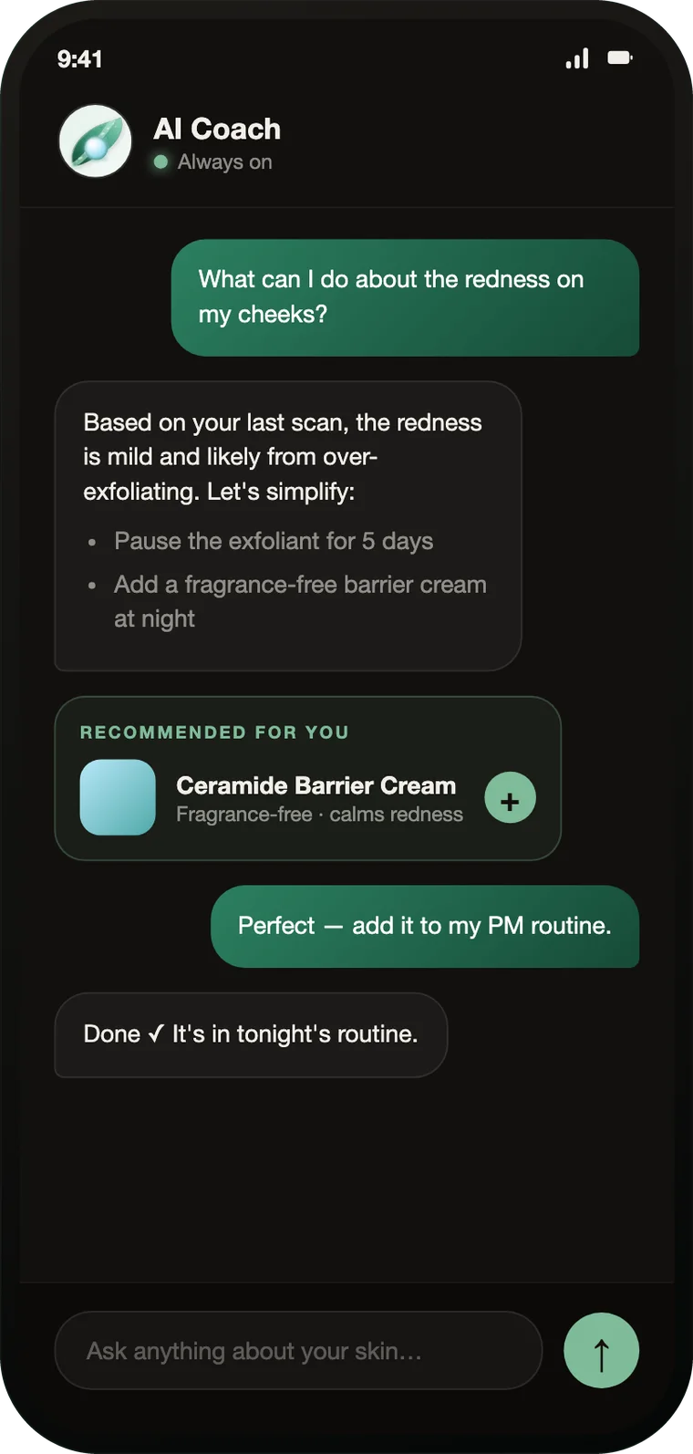 The AI coach answering a question about cheek redness.