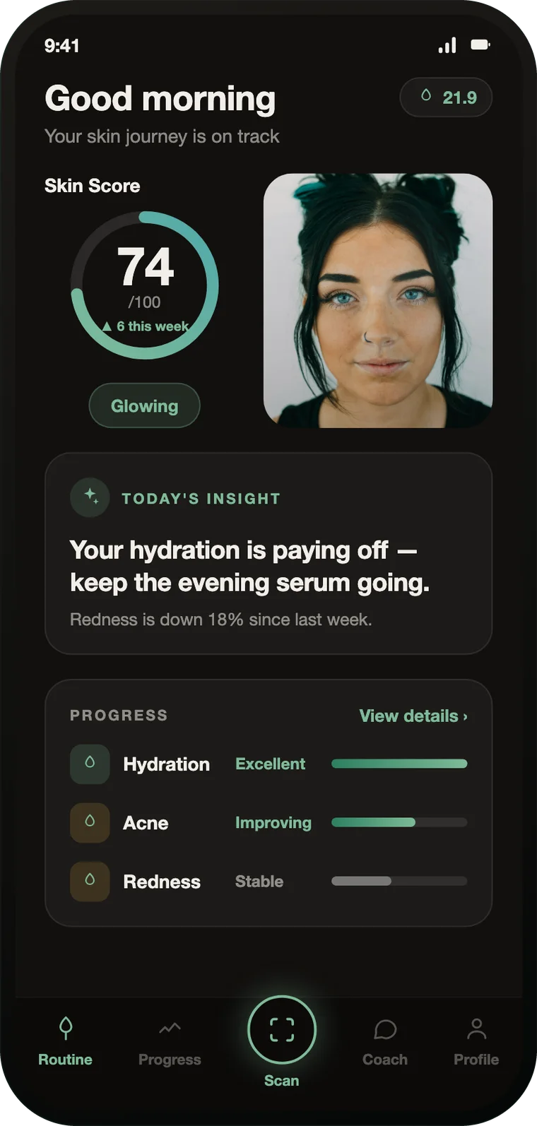 The Dermaglow home screen showing a Skin Score of 74 and today's insight.