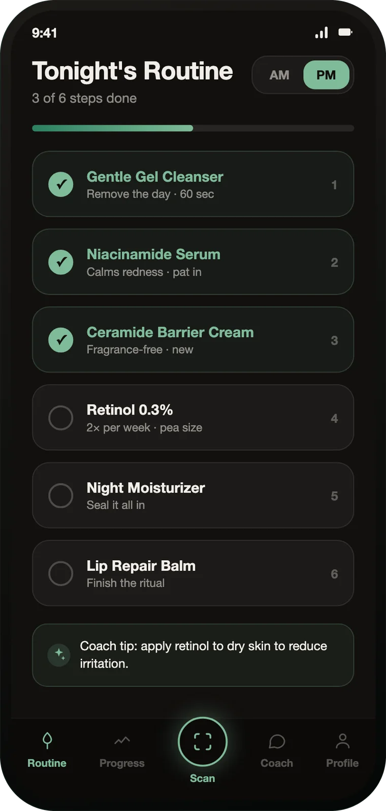 A personalised evening skincare routine.