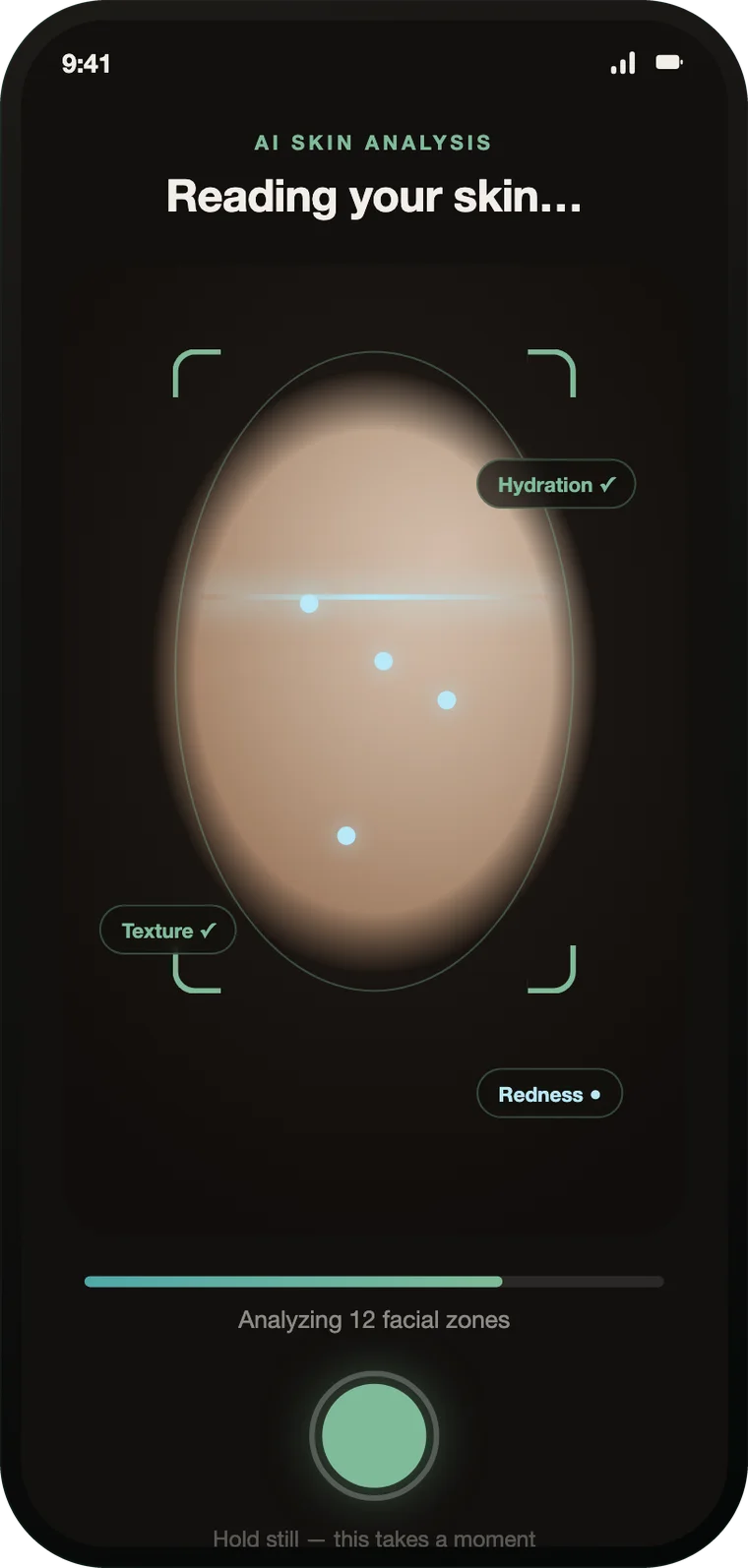 Dermaglow analysing a face across twelve zones.